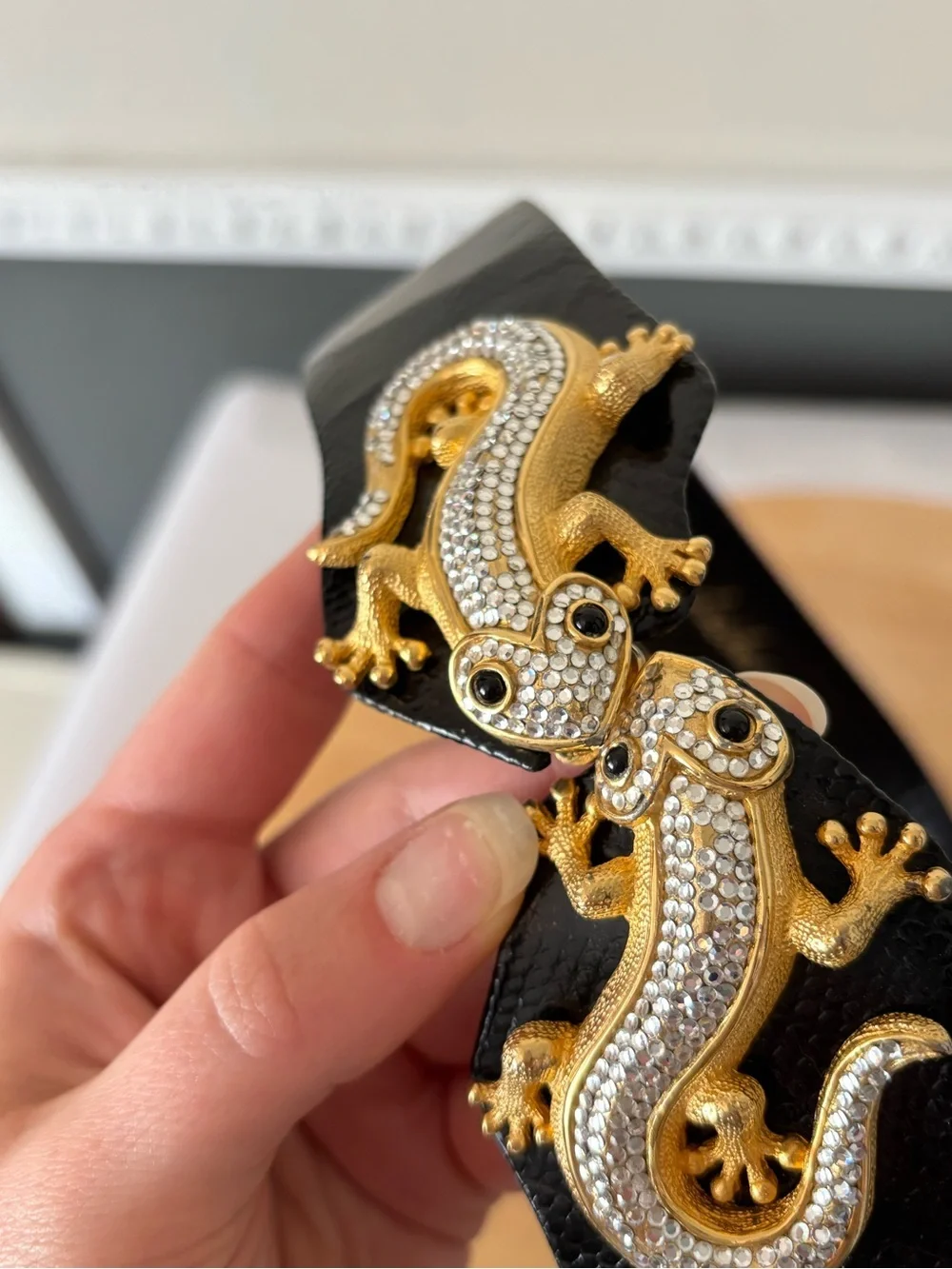 Judith Leiber Black Leather Belt with Gold Swarovski Crystal Lizard Buckle